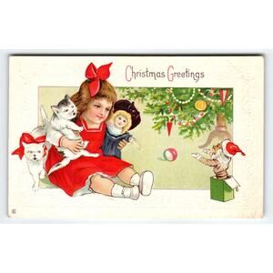 Vintage Christmas Greetings Postcard Girl with Cats Doll & Jack-in-Box Stecher
